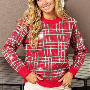 BiBi Festive Red and Green Plaid Sweater